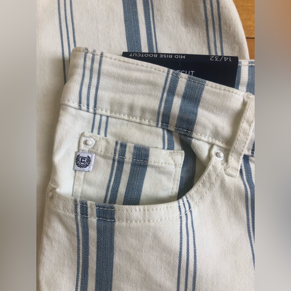 NWT CHAMPS Blue White Striped Jeans Flare Leg Size 14 32 Some Stretch Bootcut - Picture 5 of 12